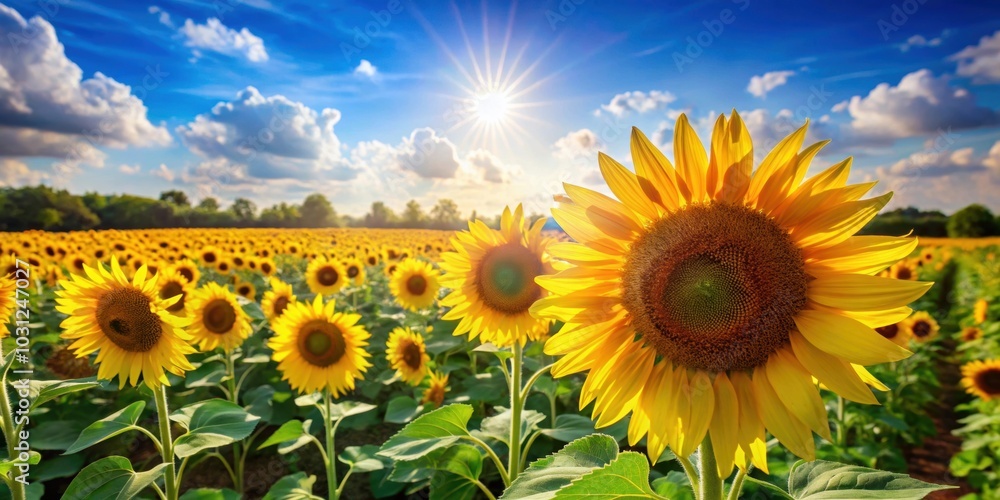 Fototapeta premium Beautiful sunflower field on a sunny day, Yellow, flowers, nature, landscape, agriculture, farming, summer, rural, vibrant