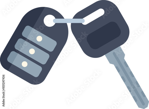 Car key with remote control keyless entry fob hanging on metal ring is isolated on white background