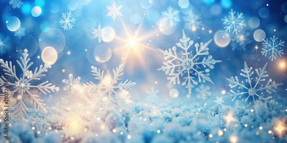 Magical winter background with snowflakes and soft bokeh lights on blue sky, perfect for Christmas , snow, winter, cold Magical winter background with snowflakes and soft bokeh lights on blue sky, perfect for Christmas , snow, winter, cold