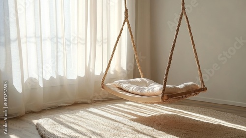 Modern Wooden Swing with White Cushion and Sunbeams in a Room with Sheer Curtains photo