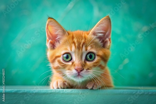 Adorable Orange Tabby Kitten with Green Eyes Peeking Over Teal Surface - Cute Cat Photography