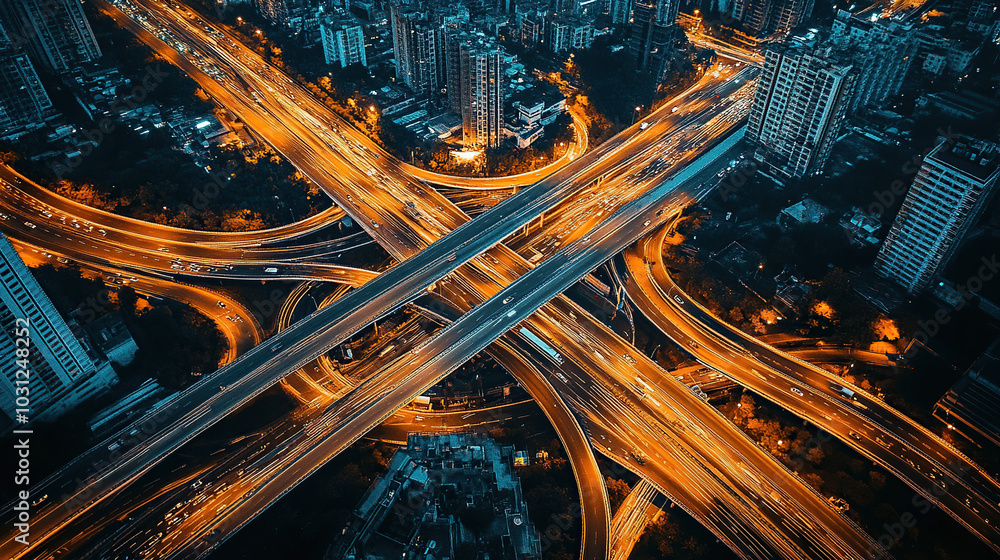 Aerial view of a highway overpass in the city with cars and traffic Aerial view of a highway overpass in the city with cars and traffic