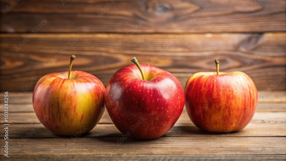 Three ripe apples on a wooden table, fruit, healthy, fresh, organic, red, green, snack, delicious, nutrition, juicy, natural Three ripe apples on a wooden table, fruit, healthy, fresh, organic, red, green, snack, delicious, nutrition, juicy, natural