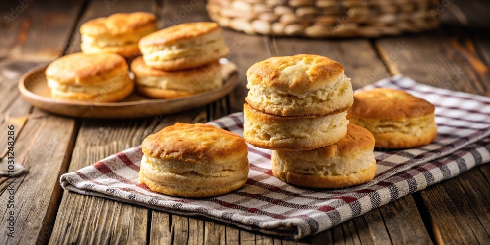 Golden buttermilk biscuits on a rustic wooden table , fluffy, savory, homemade, baking, golden brown, delicious, fresh Golden buttermilk biscuits on a rustic wooden table , fluffy, savory, homemade, baking, golden brown, delicious, fresh