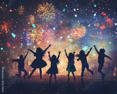 Children celebrate joyfully under a colorful fireworks display, capturing the spirit of happiness and excitement in the night sky.