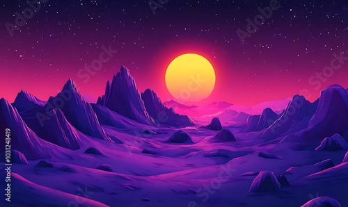 A vibrant, stylized purple sunset landscape with a large yellow sun and a starry sky.