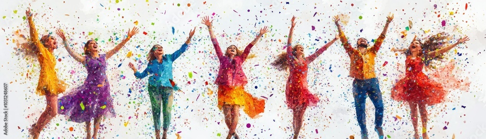 Fototapeta premium Group of happy friends celebrating joyfully, covered in vibrant colors during a fun festival or party.