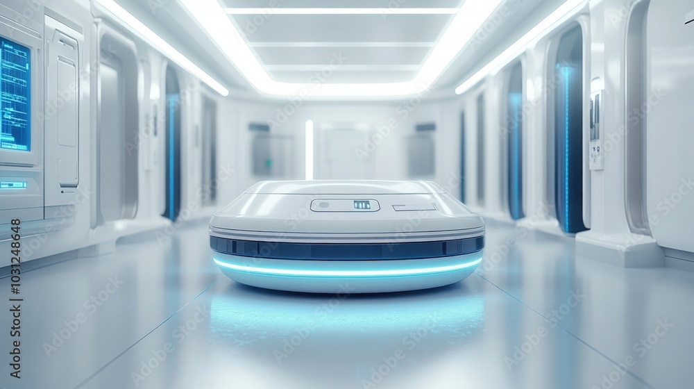 Futuristic hallway with glowing white disc hovering on a tiled floor. Futuristic hallway with glowing white disc hovering on a tiled floor.