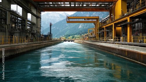 Industrial Water Channel in Mountainous Landscape photo