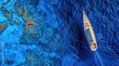 Aerial View of Sailboat Navigating a Deep Blue Sea