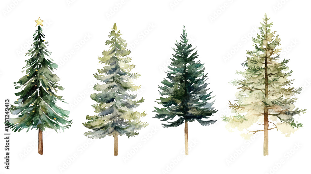 Fototapeta premium Watercolor Christmas Trees Collection on a White Background Generative AI