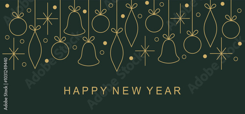 Happy New Year and Merry Christmas holiday cards. Universal artistic templates. Minimalistic vector design with gift boxes, bells, snowflakes and Christmas tree decorations