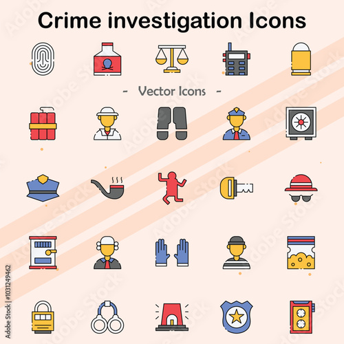 Icons representing crime investigation tools and processes