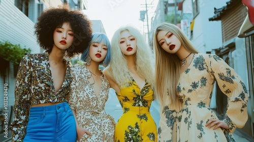 4 Asian women in colorful posing for the camera photo