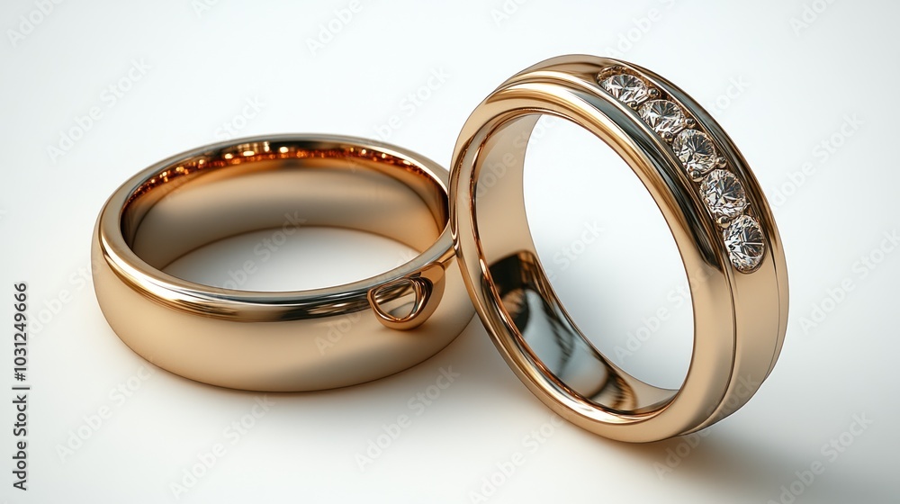 Two elegant gold wedding rings, one adorned with sparkling diamonds. Two elegant gold wedding rings, one adorned with sparkling diamonds.