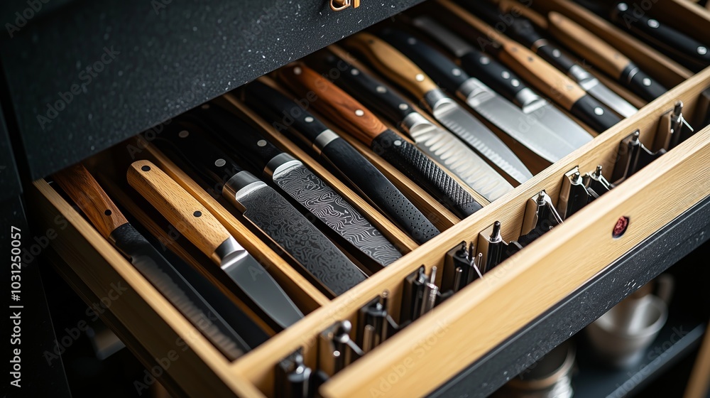 A high-quality photograph capturing the interior of an open kitchen drawer, showcasing various knives with black and wooden handles neatly arranged in a top-down view A high-quality photograph capturing the interior of an open kitchen drawer, showcasing various knives with black and wooden handles neatly arranged in a top-down view