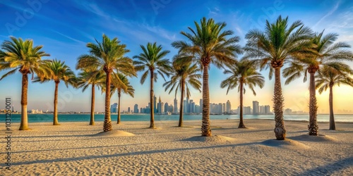 Palm trees on Al Mamzar beach in Dubai, Dubai, UAE, Palm trees, Al Mamzar beach, sandy beach, sunny day photo