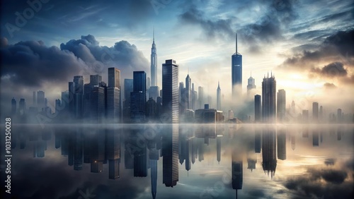 Wallpaper Mural Eerie cityscape reflected in dark waters, with towering skyscrapers shrouded in mist , urban, eerie, cityscape Torontodigital.ca