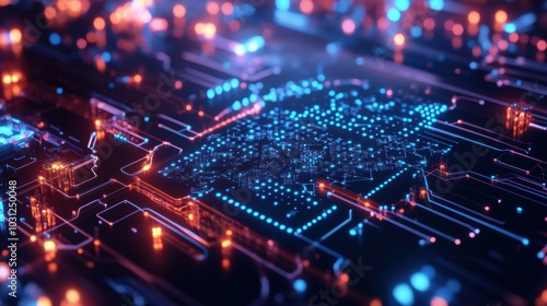 Quantum processor visualization, intricate atomic networks, futuristic lab setting, bright neon lighting, advanced technology