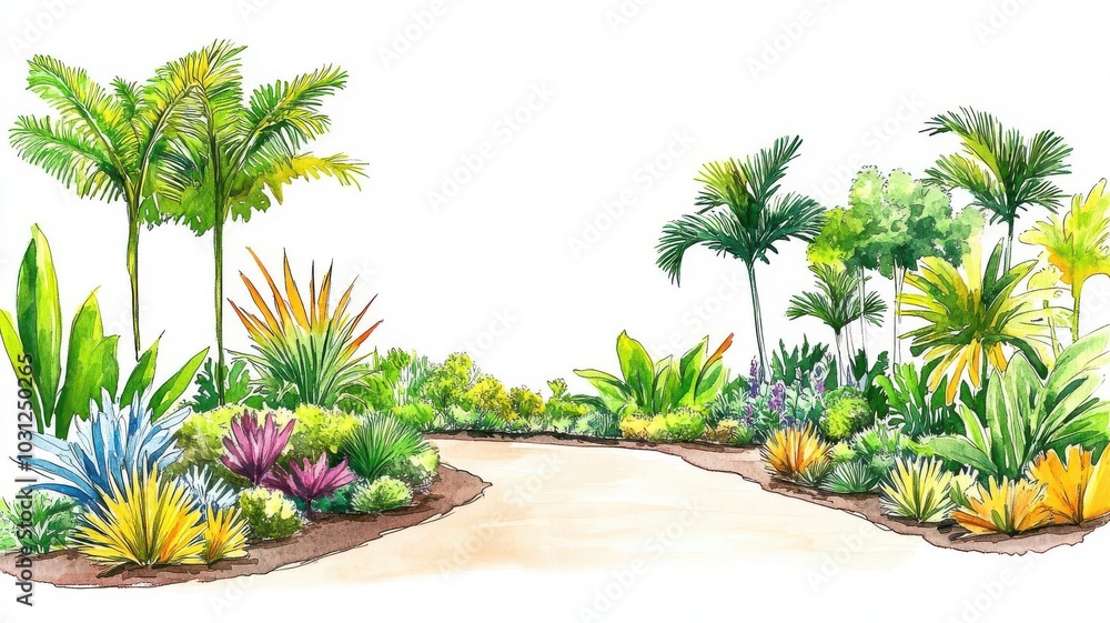 Fototapeta premium Botanical garden sketch layout, intricate plant details, earthy colors, ink and watercolor, lush and detailed