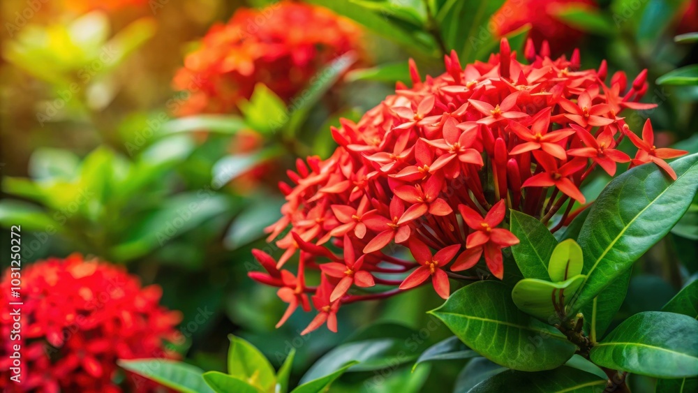 Red ixora flowers blooming on tree in natural setting, red ixora, flowers, blooming, tree, nature, tropical, plant, garden Red ixora flowers blooming on tree in natural setting, red ixora, flowers, blooming, tree, nature, tropical, plant, garden