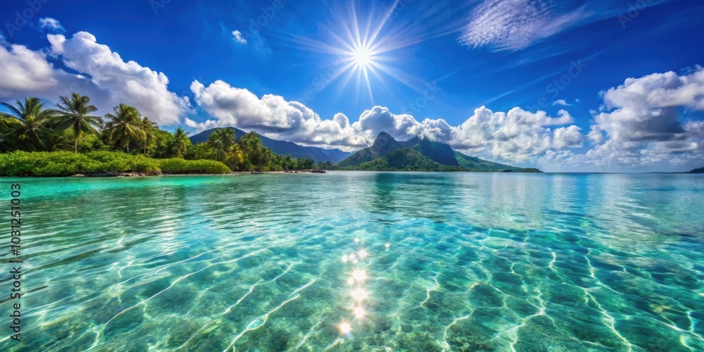 Sunlight shining through the crystal clear waters of the Pacific Ocean in French Polynesia , Pacific Ocean Sunlight shining through the crystal clear waters of the Pacific Ocean in French Polynesia , Pacific Ocean