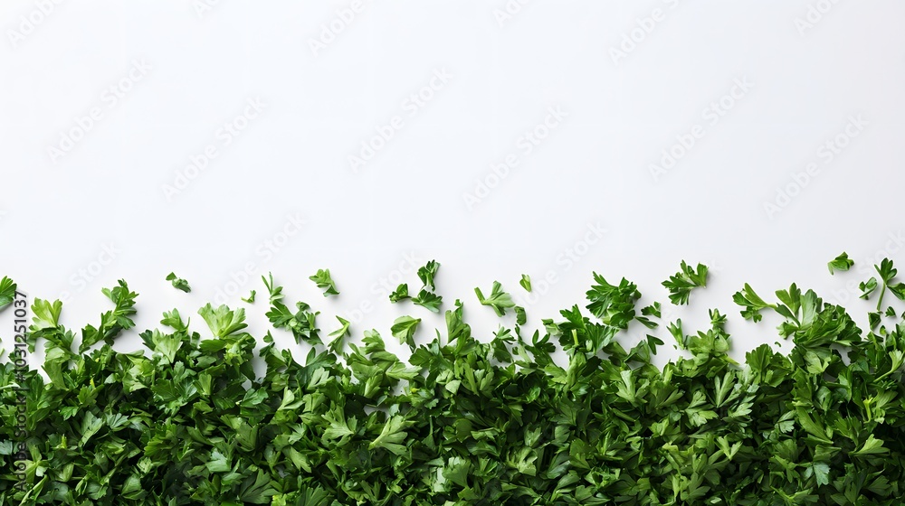 chopped parsley leaves isolated on white background with copy space above. chopped parsley leaves isolated on white background with copy space above.