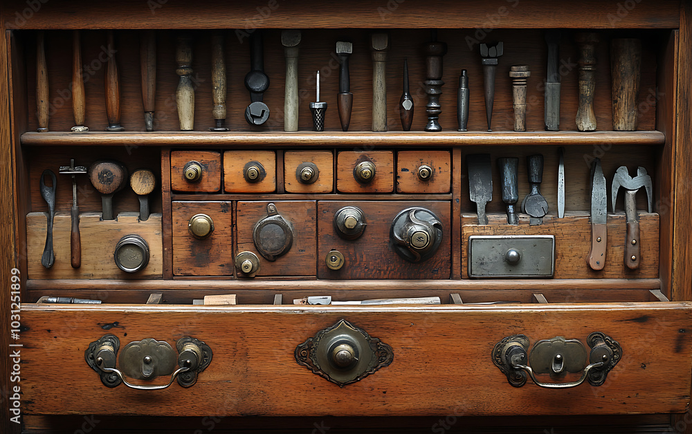 Fototapeta premium Antique Tool Collection: Organized Craftsmanship in Wooden Drawer