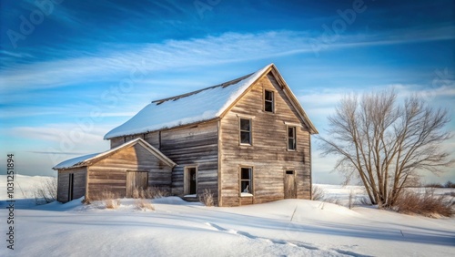 Old abandoned farm house covered in snow during winter, winter, abandoned, farm house, snow, cold, rural, desolate, decay