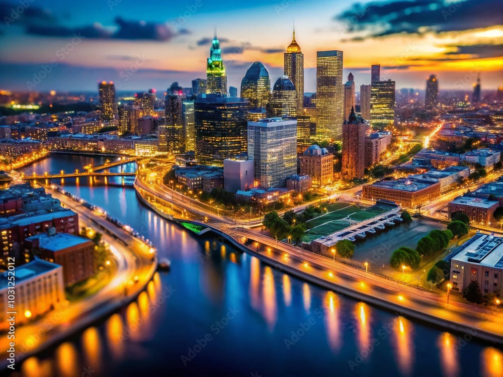 Obraz premium Aerial Tilt-Shift Photography of Philadelphia's Nighttime City Lights