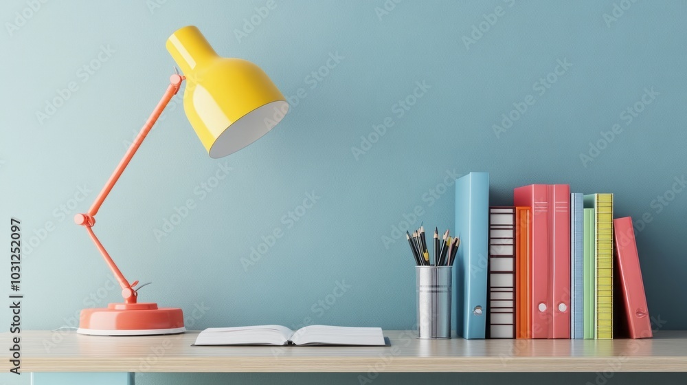 Modern Desk Decor Bright Lamp Playful Books Modern Desk Decor Bright Lamp Playful Books