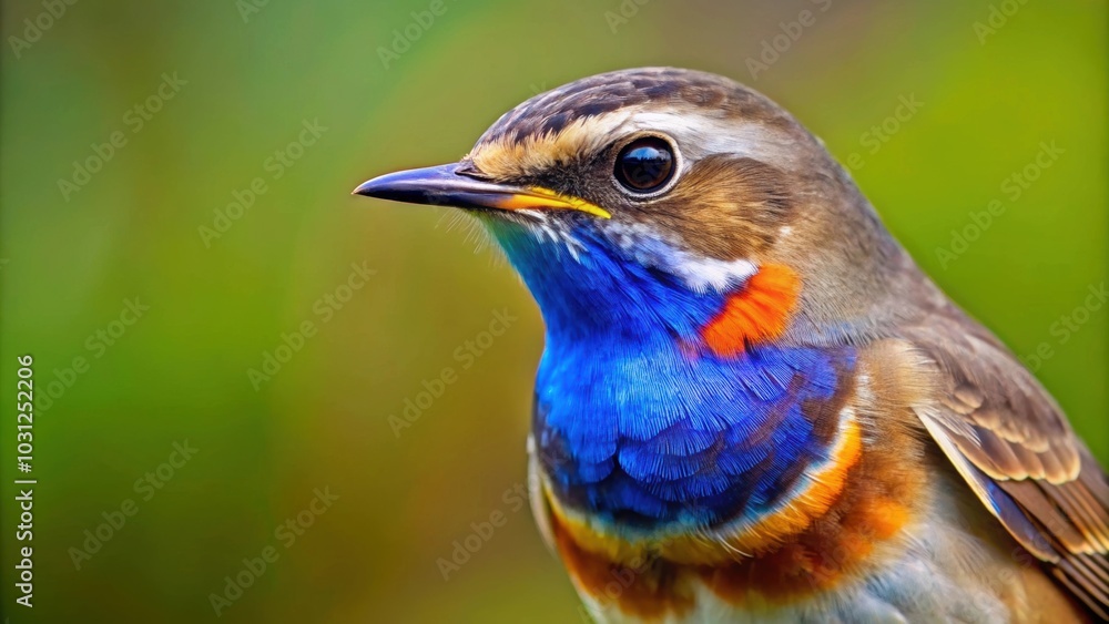 Fototapeta premium Close up photo of a Bluethroat bird showing vibrant blue and orange plumage, Bluethroat, bird, wildlife, close up