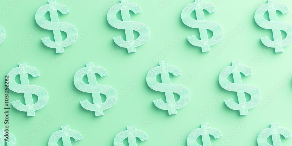 pattern of dollar signs, solid green background, 3D look slightly embossed textured, money finance economic concept, for advertising presentation educational topics context pattern of dollar signs, solid green background, 3D look slightly embossed textured, money finance economic concept, for advertising presentation educational topics context