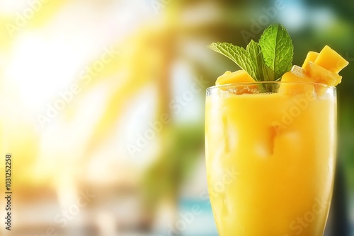 A refreshing glass of mango smoothie garnished with mint leaves