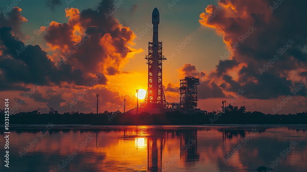 Obraz premium Dawn of Space Exploration with a Rocket in the Golden Sky