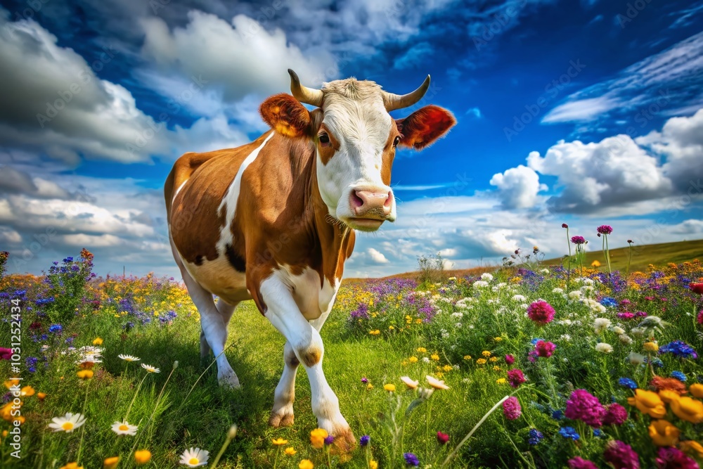 Aerial View of a Brown and White Cow Running Through a Colorful Field of Flowers in a Scenic Aerial View of a Brown and White Cow Running Through a Colorful Field of Flowers in a Scenic