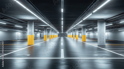 Modern underground parking lot with a white painted floor, LED lighting