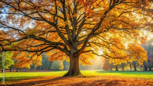 Autumn oak tree in the park with colorful leaves , Fall, bright, nature, seasonal, swing, vibrant, foliage, leaves, oak tree