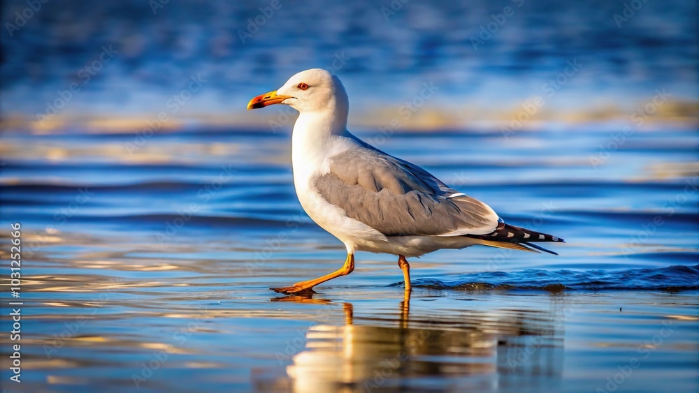 Lonely seagull walking on water in lake Lonely seagull walking on water in lake