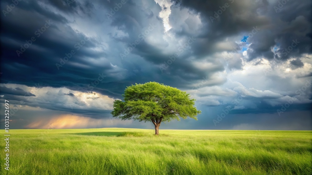 Obraz premium Lonely small tree standing in grass field during storm