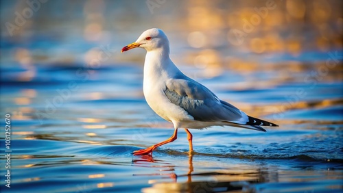 Lonely seagull walking on water in a lake, sea, ocean, or river photo