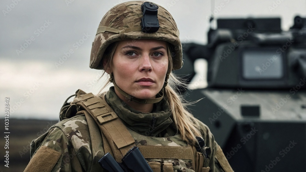 Professional female soldier, close-up portrait Professional female soldier, close-up portrait