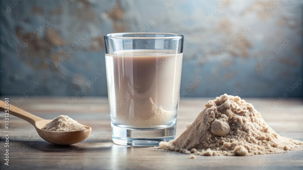 Protein powder in glass of water with measuring scoop, nutrition, food supplement, protein, health, drink, fitness, exercise Protein powder in glass of water with measuring scoop, nutrition, food supplement, protein, health, drink, fitness, exercise