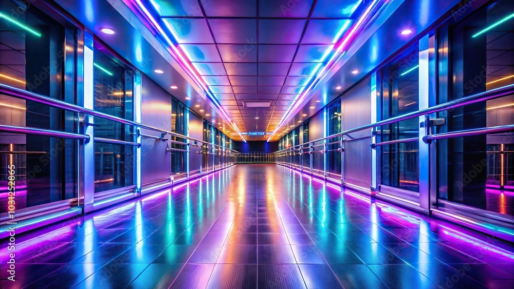 Fototapeta premium Long empty hallway with neon lights handrails and light reflection on waxed floor surface Worm's Eye View