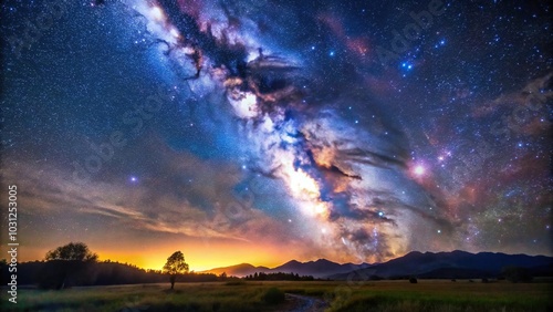 Long exposure photograph of Milky Way galaxy over night sky with stars, close-up