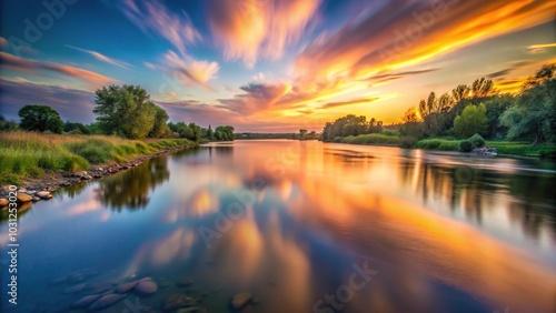 Long exposure photography of a panoramic sunset by a river