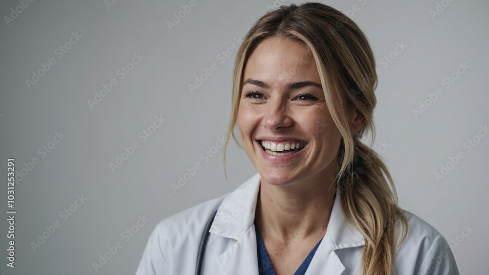 Young female doctor on isolated background, space for text, studio shot, professional shooting Young female doctor on isolated background, space for text, studio shot, professional shooting