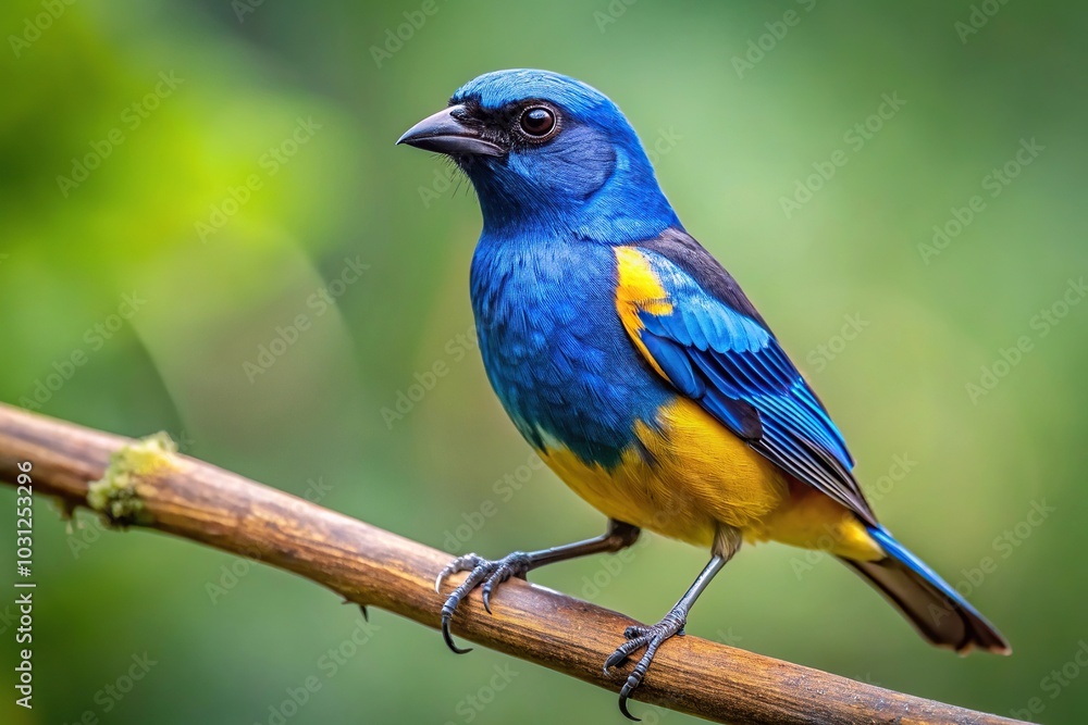 Long shot blue and gold Tanager Bangsia arcaei perched on a branch Long shot blue and gold Tanager Bangsia arcaei perched on a branch