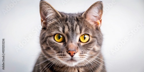 Cat with yellow eyes staring intensely at the camera on a white isolated background, feline, pet, intense, gaze, yellow eyes