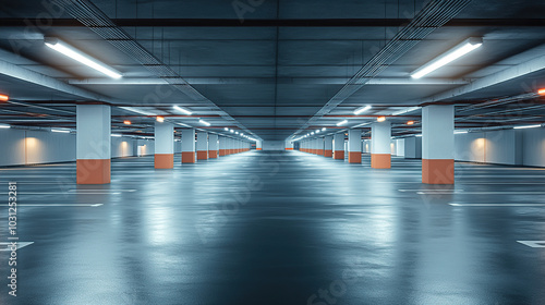 Modern underground parking lot with a white painted floor, LED lighting